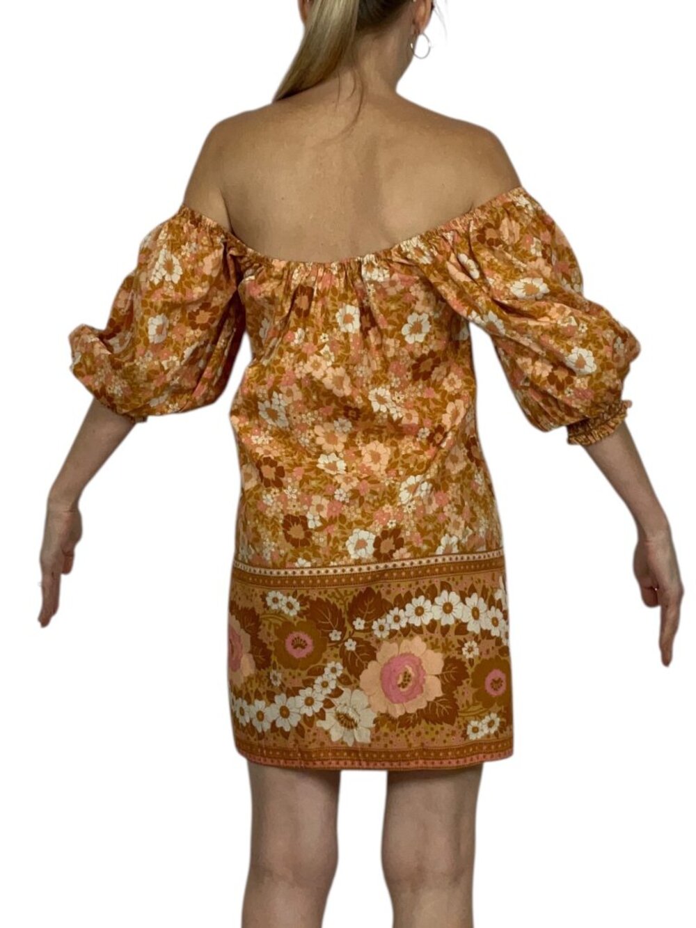 Spell and The Gypsy Anne Tunic Dress M Tan Floral Mini Off The Shoulder - Picture 3 of 16
